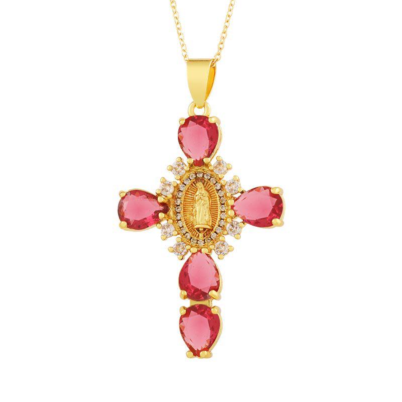 Copper Plated 18K Gold Cross Pendant Necklace with Multi-color Zircon Embellishments