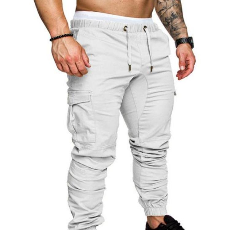 Skinny Cargo Pants Casual Men Solid Color Drawstring Waist Ankle Tied Pockets XS белый