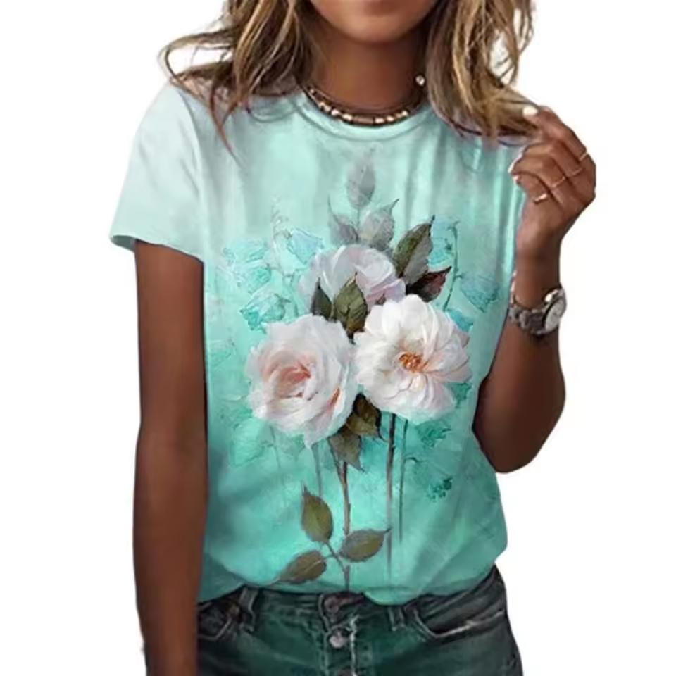 Women's Floral Themed 3d T-Shirts Floral Botanical T-Shirts Oversized Basic Short Sleeve Tops Fashionable Summer Clothes for Women