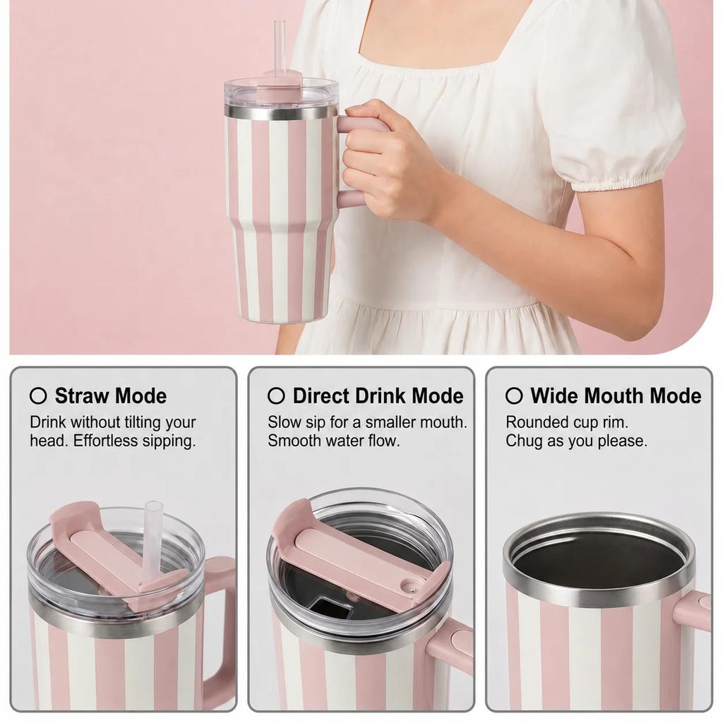 Striped Tumbler Cup with Handle and Straw Double Wall Vacuum Insulated Travel Coffee Mug for Iced Coffee Thermos 20oz