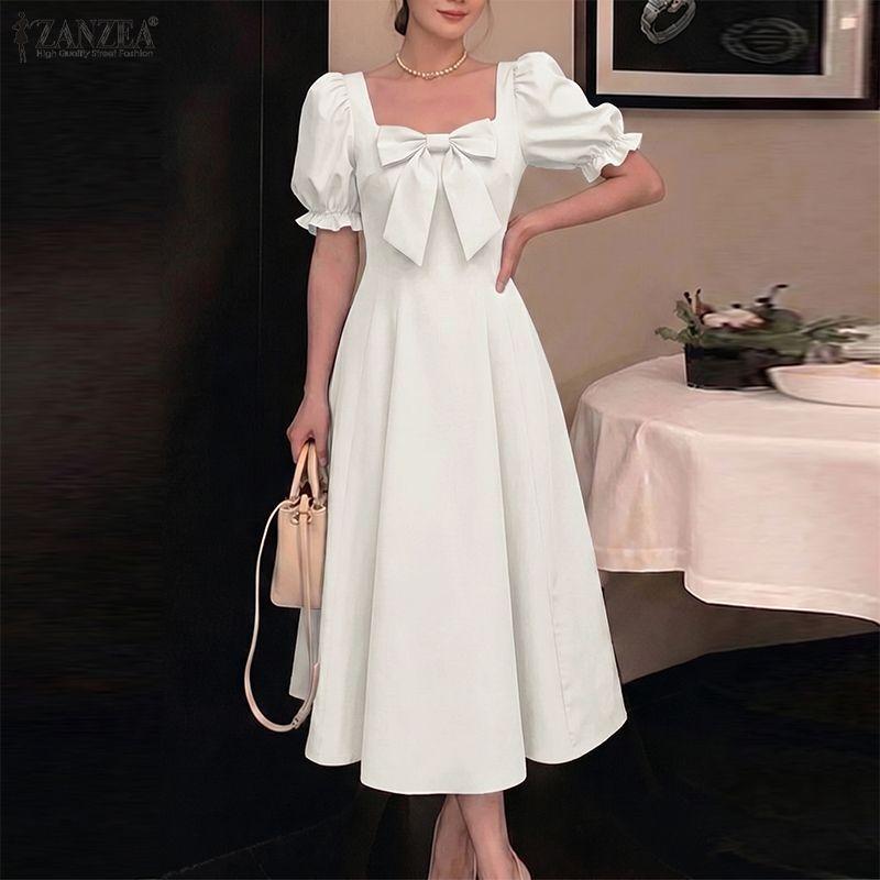 ZANZEA Women Elegant Square Collar Casual Short Sleeve Long Dress