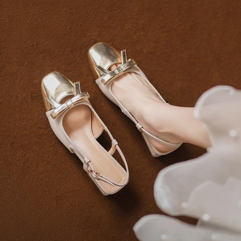 Fashion Colorblock Wrapped Toe Square Heel Sandals Summer Square Toe Open Toe Bow Slip Strap Anti-Slip Wear-Resistant Kitten Heels