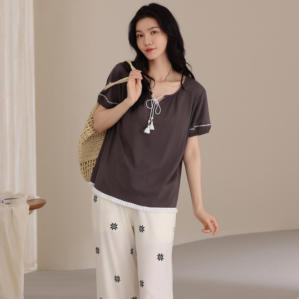 Pure Cotton Pajamas with Chest Pads, Women's Summer Short-sleeved Trousers, Thin Summer Can Be Worn Outside, High-end Loungewear Set
