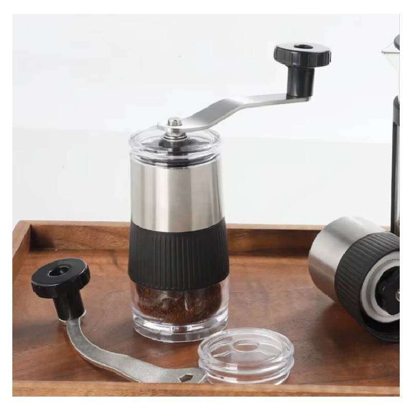 Moderne manuelle Kaffeemühle aus Edelstahl mit einstellbarem Mahlgrad für den Büroeinsatz