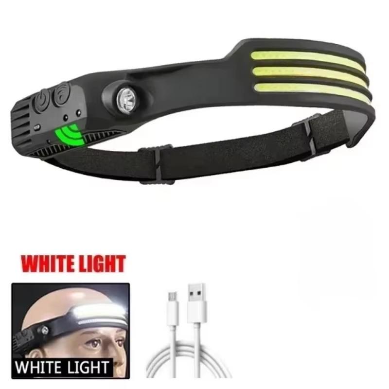 Portable COB Headlamp Sensor LED Head Flashlight Rechargeable Red and White Yellow Light Modes Outdoor Fishing Camping Lantern
