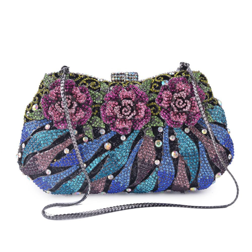 Diamonds White Clear Women Evening Bag Luxury Flower Rhinestone Clutches Crystal Handbag 32 Colors Wedding Bridal Party Purses