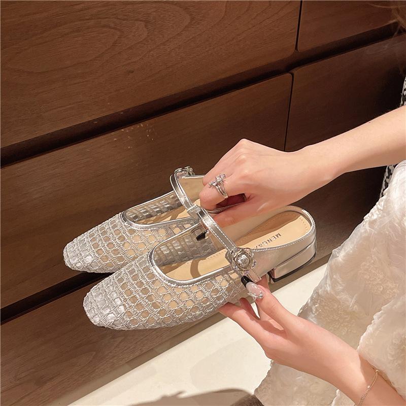 Square Head Thick Heel Single Shoes Women's 2025 New Summer Woven Breathable Hollow Mary Jane Sandals Middle Heel One-word Buckle