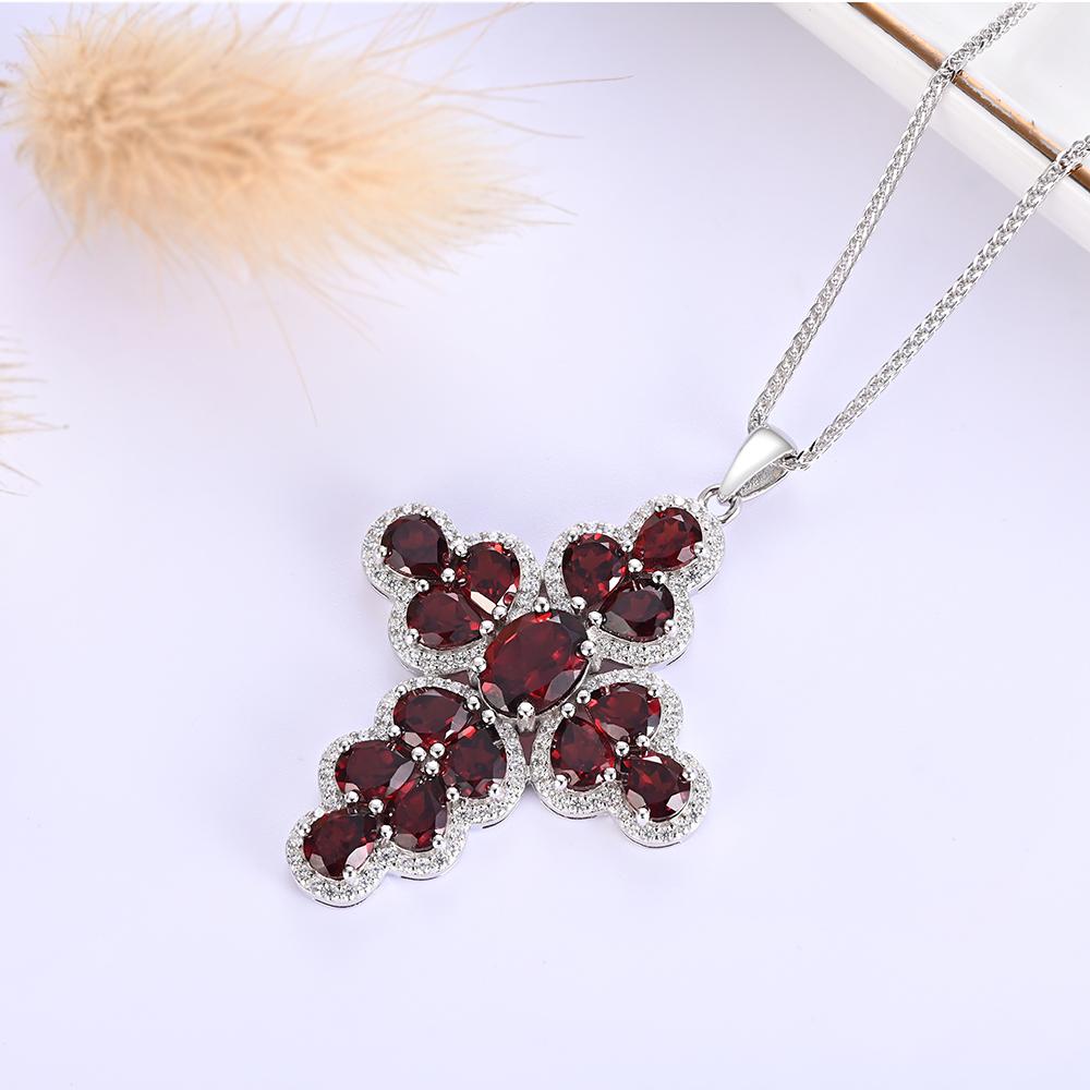 Women's Cross Pendant S925 Silver with 18inch Chain Necklace Natural Red Garnet Gemstone Fine Jewelry for Your Belief Gift