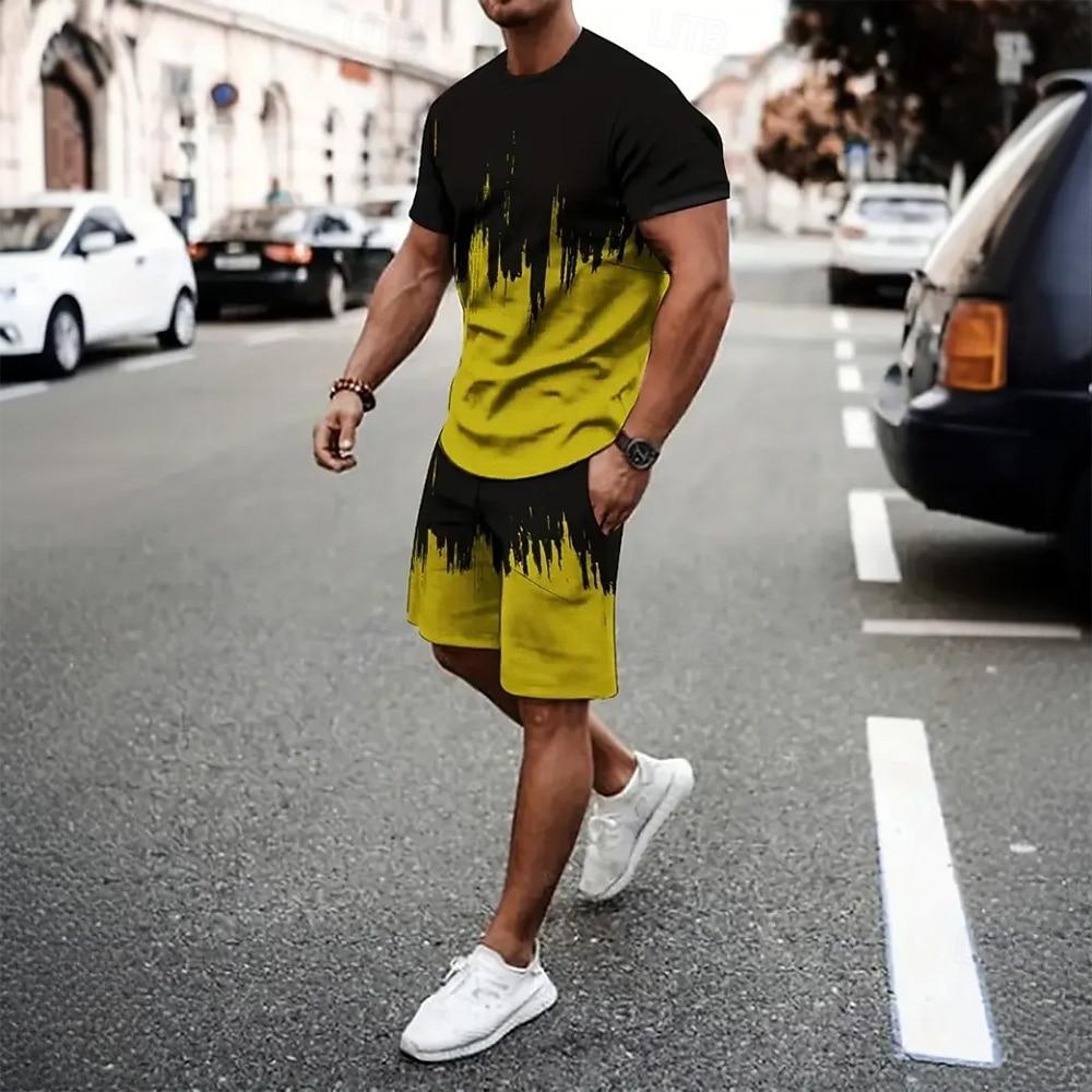 

Men s Contrast Color 2pcs Tees sets Summer Tops Short Sleeve Casual Daily Crewneck Summer Robin s Egg Blue Grey Yellow S