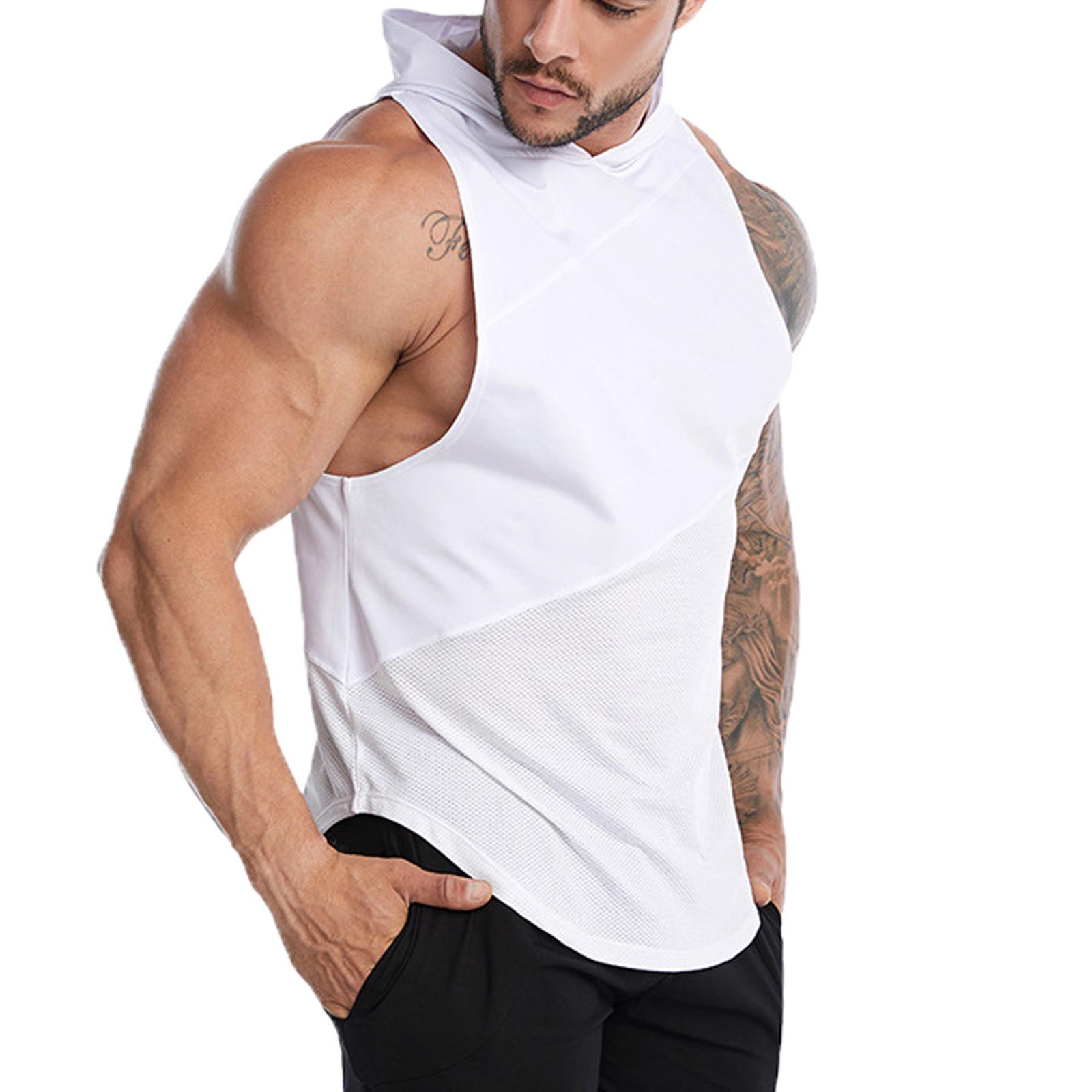 

Мужской жилет с капюшоном для фитнеса, модная футболка без рукавов для спортзала с капюшоном L белый