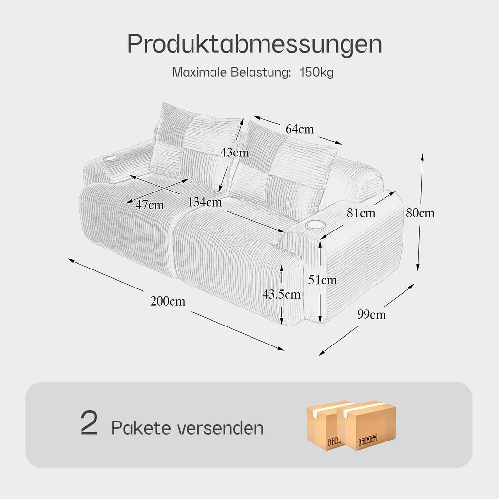 Modular Corduroy Sofa for 2 People, Vacuum-Packed, Includes Cup Holder and Side Storage Pocket. Ideal for Living Room and Family Room. Black