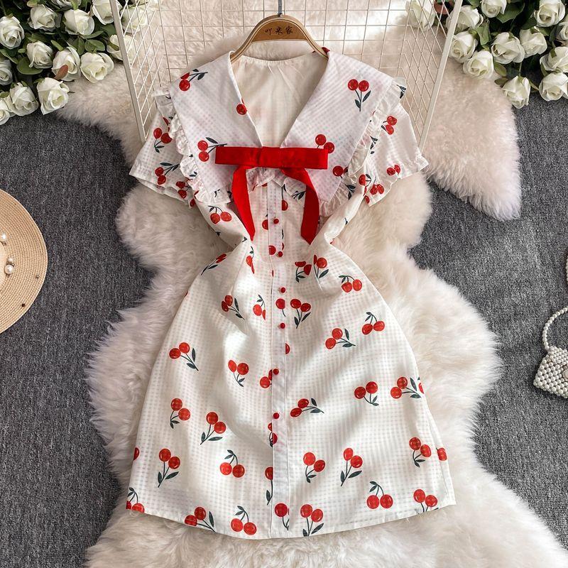 

Sweet Cherry Short Puff Sleeves V-neck Waist-Controlled Slimming Short Sleeve Dress Women s Summer French Retro A- line Skirt White XL