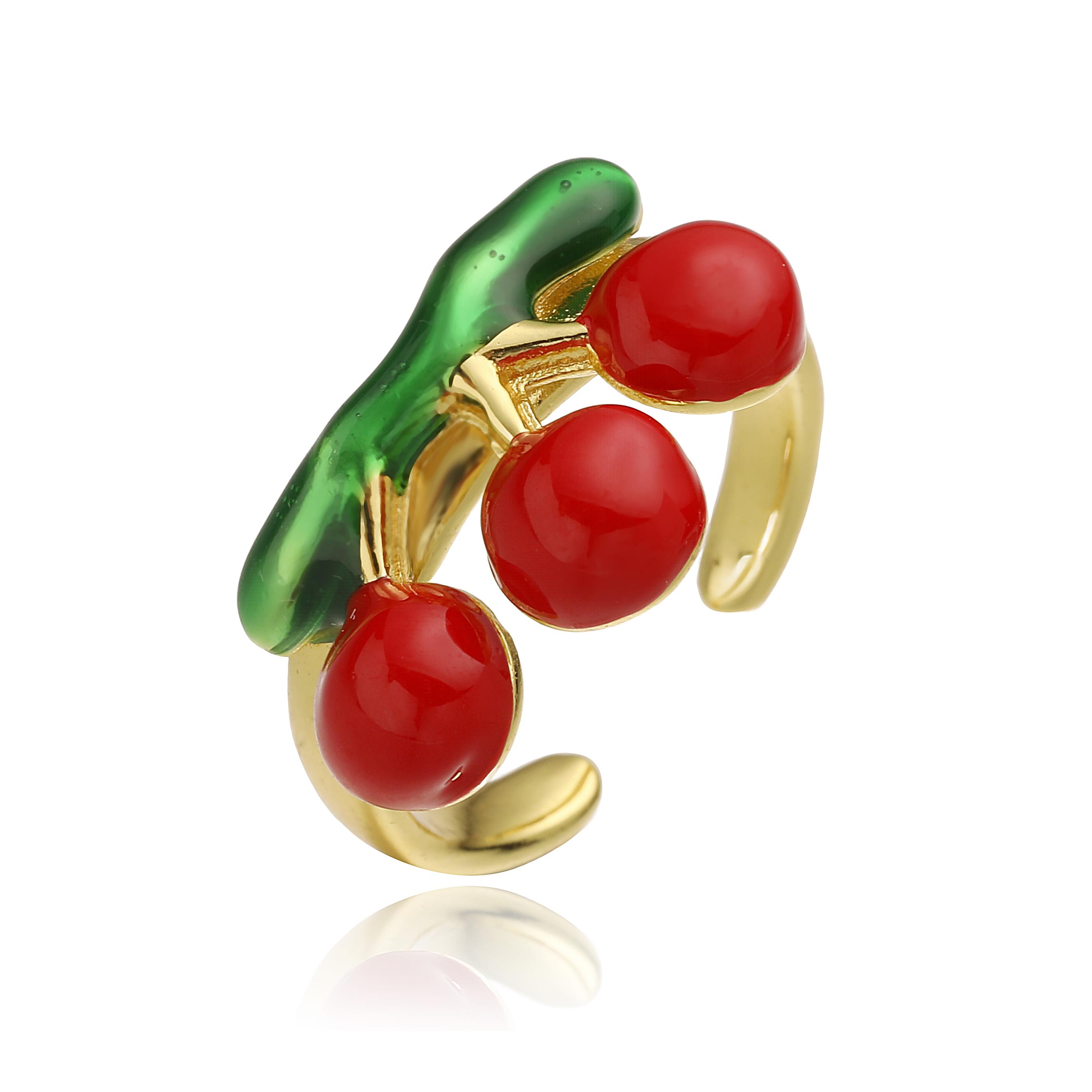 

18K Gold Plated Brass Enamel Drop Glazed Red Apple Cute Sweet Fruit Ring, Ladies Adjustable Opening Zircon 1 piece resizable