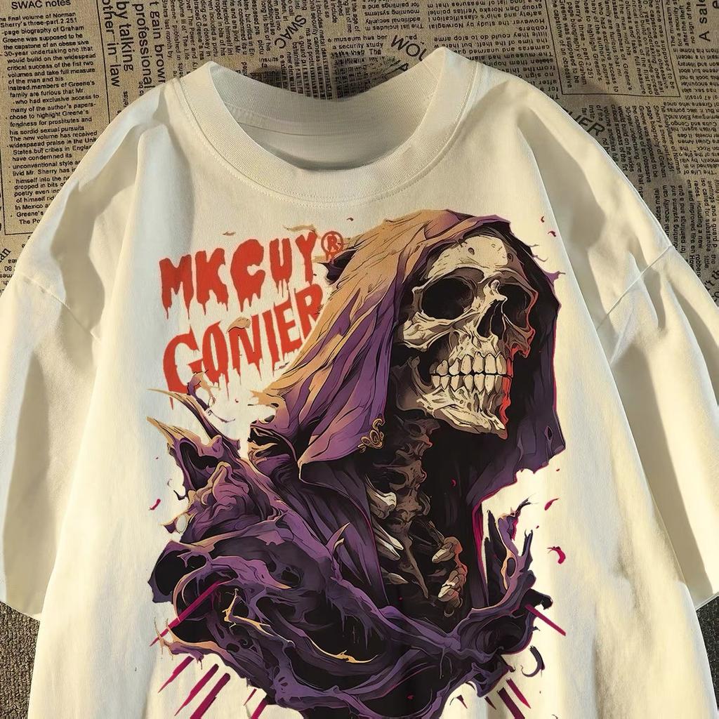 2025 New Skull Print Cotton Short-sleeved T-shirt Summer Street Style Large Size Ruffian Handsome Trend Half-sleeved Top Men