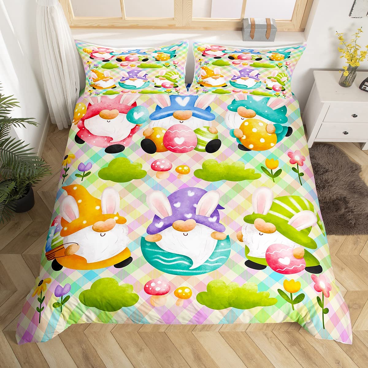 

Pink Cherry Blossom Duvet Cover Happy Easter Theme Rabbit Ear Easter Eggs Bedding Set Polyester Butterfly Flower Comforter Cover Tool EU single(135x200cm)