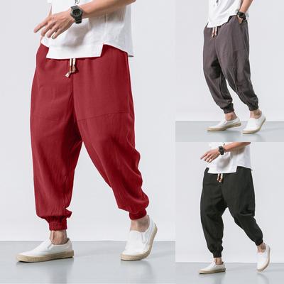 Mens Baggy  Pants Drawstring Cotton Linen Wide Leg Yoga Pants Solid Color  Baggy  Pants