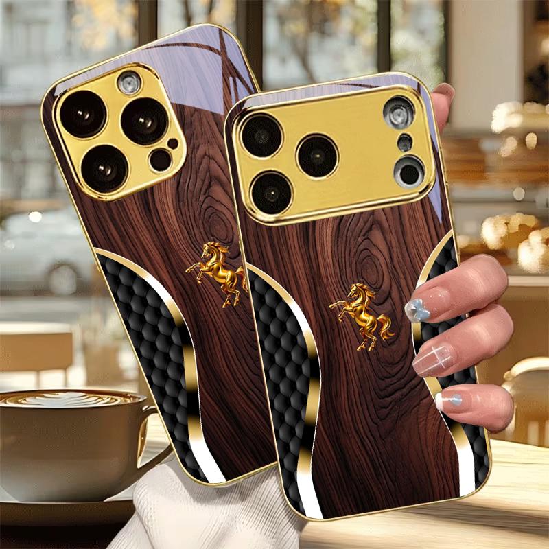 Luxurious and Noble Steed Electroplated Golden Phone Case For iPhone 17 16 15 14 13 12 11 Pro Max Plus 16E 17Air 7 8 Back Cover