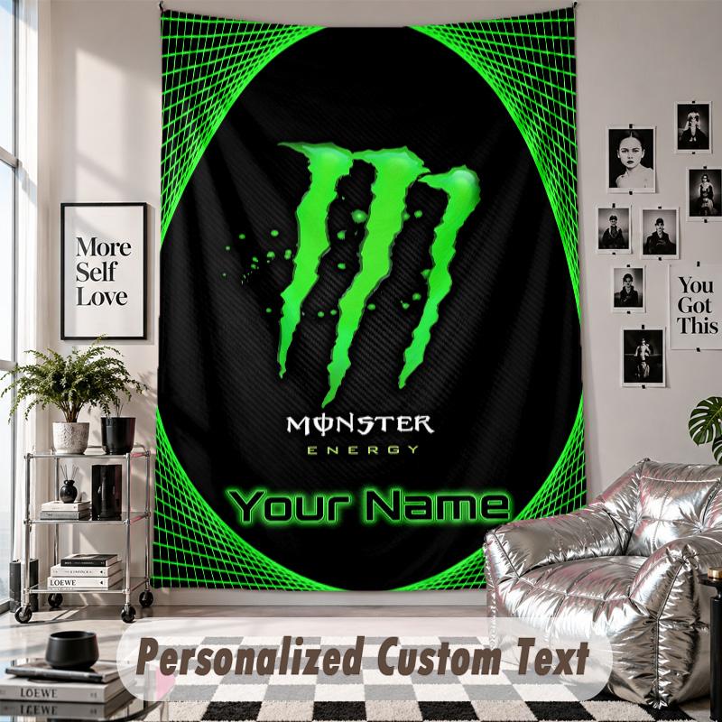 Wall Hanging Tapestry With Custom Name & Text, Monster Energy Decorative Tapestry For Bedroom