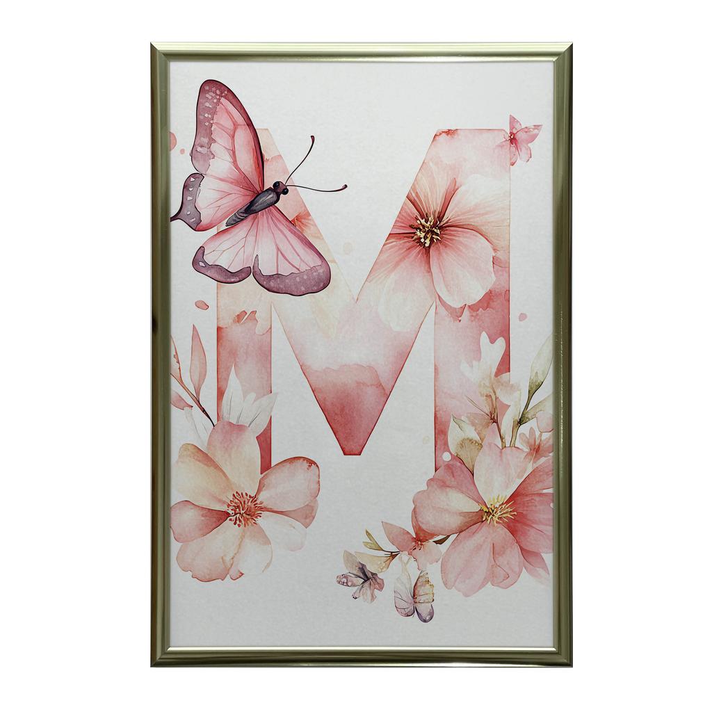 Plakat Z Literą M W Kwiatowej Kompozycji Plakat Z Literą M W Kwiatowej Kompozycji, 50X70 Cm, Bez Ramy, Płótno Premium Na Blejtramie