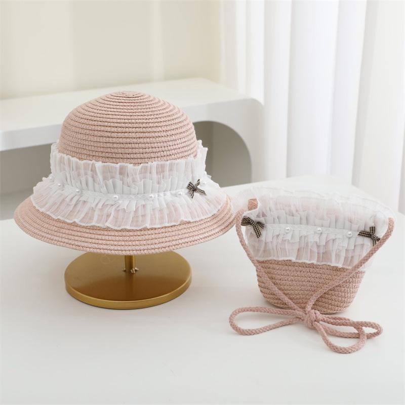 Girl'S Summer Straw Hat Lace Bow Breathable Sun Hats Kids Princess Party Holiday Beach Bucket Cap Ang Bag 2Pcs Set Panama Gorros