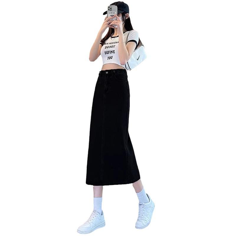 Women's Black A-Line Retro Denim Midi Skirt - High Waist Slimming Style for Spring & Autumn 2025