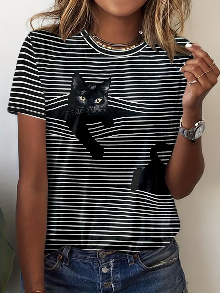 Summer Cute Kitten T-Shirts Cat 3D Print Women's Round Neck Short Sleeve T Shirt Casual Tees Harajuku Y2K Tops Female Clothing