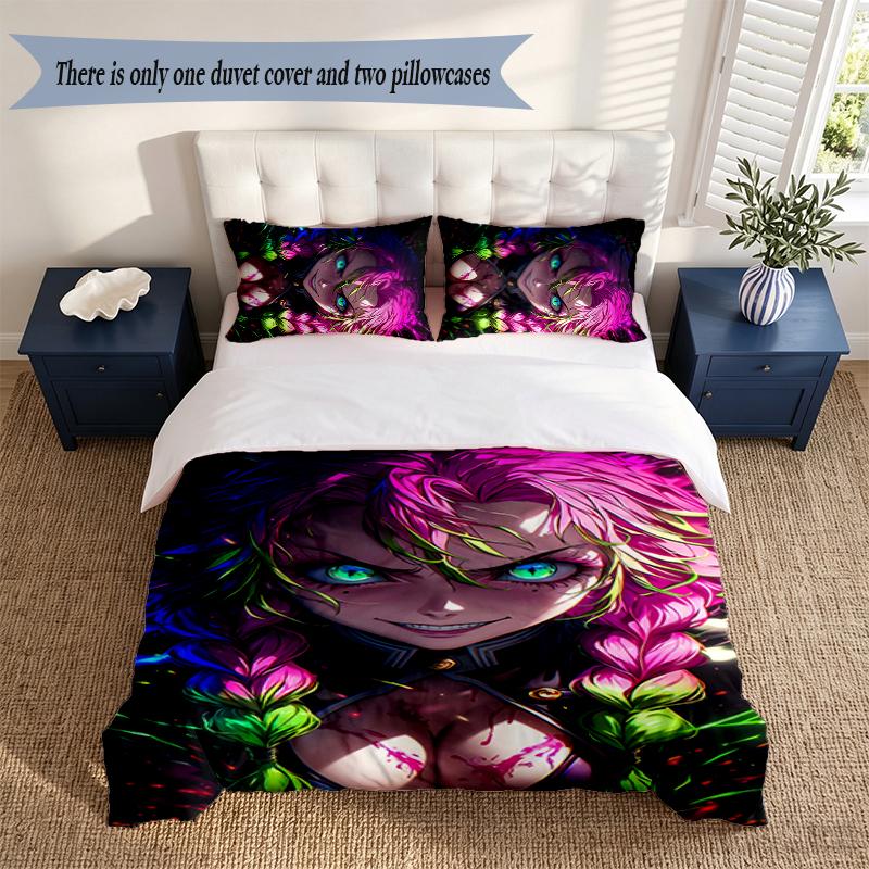 Demon Slayer 3‑Piece Bedding Set Soft Microfiber Duvet Cover Pillowcases Comfortable Bed Linen for Bedroom Decoration