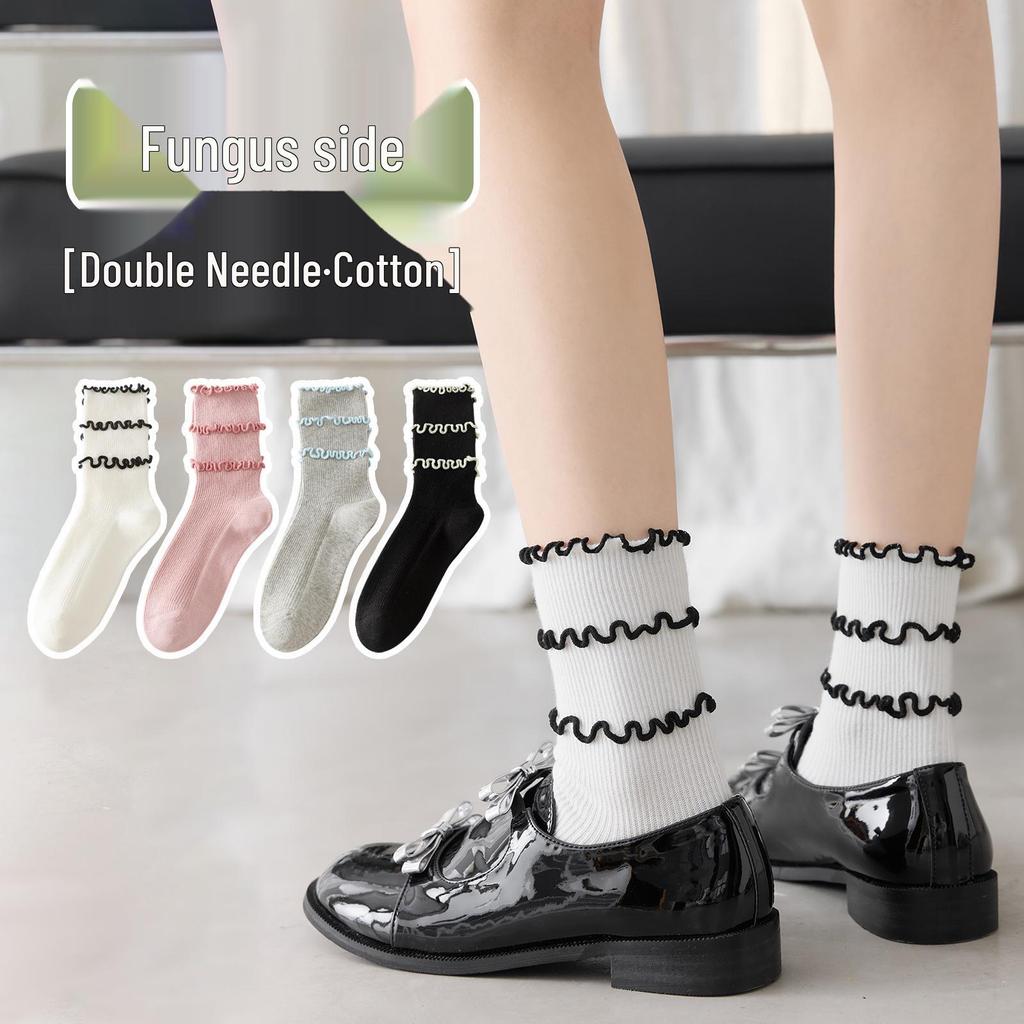 Women's Retro Lace Scrunch Mid-Calf Socks – Breathable, Sweat-Absorbent Combed Cotton with Frilly Edges, Korean Double Rib Style