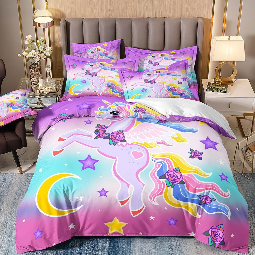 Cartoon Animation Bedding 3D Digital Printing Animal Plaid Unicorn Quilt Cover Three-Piece Set