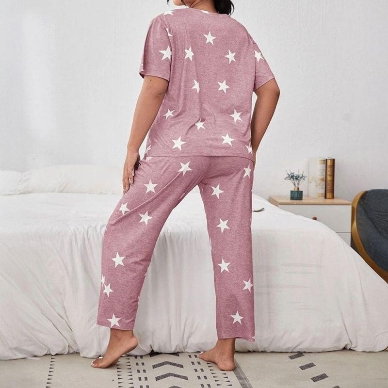 Damen Übergröße Pyjama Sets Lässig Locker Kurzarm Oberteil und Hose Loungewear