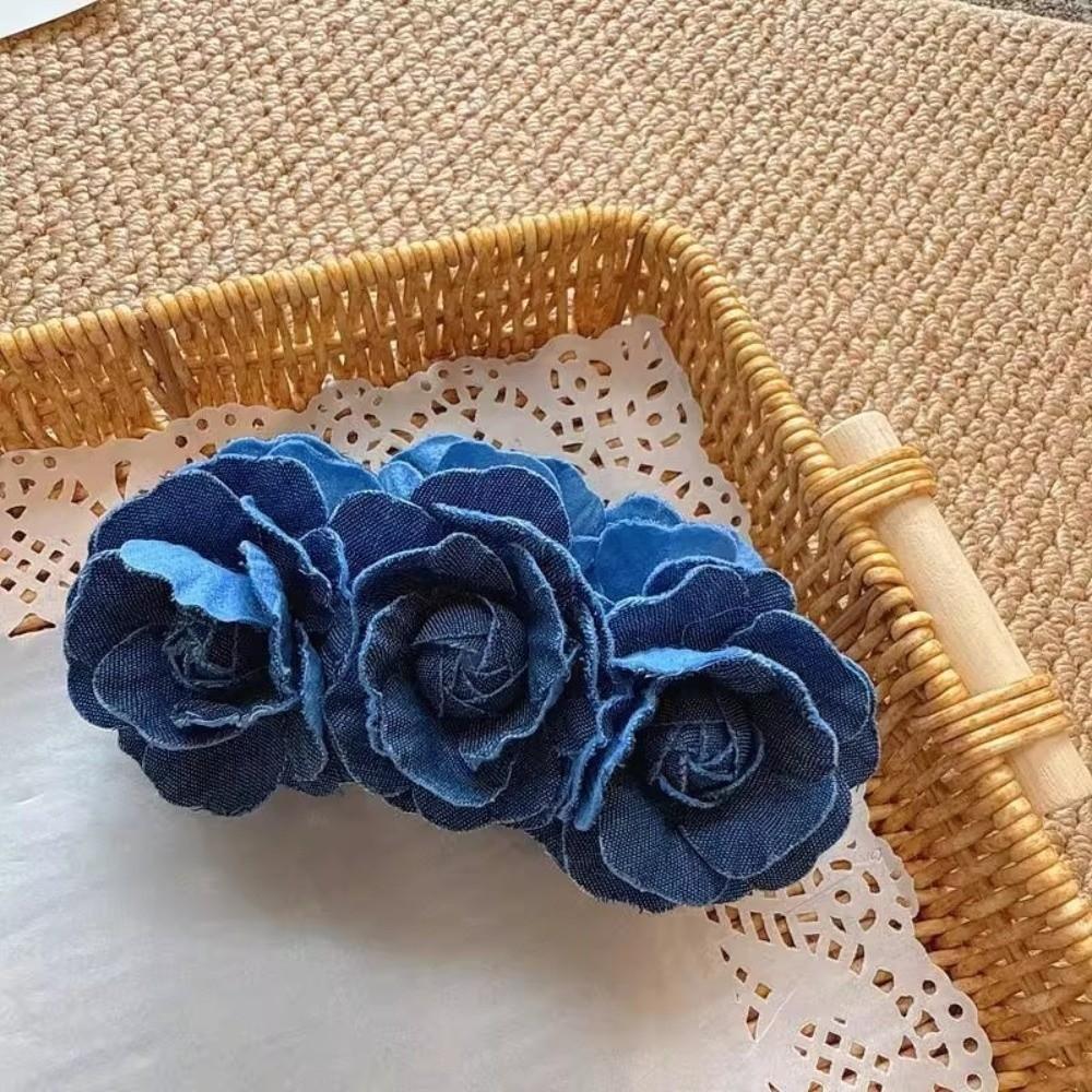 Denim Blue Flower Banana Clips Camellia Floral Twisted Hair Clip Sweet Women Vertical Clip  Spring