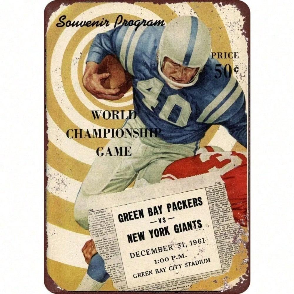 Грин-Бей Пэкерс против Нью-Йорк Джайентс 1961 Чемпионат НФЛ Винтажная металлическая жестяная табличка, Ретро настенный декор, Мужская берлога Американский футбол