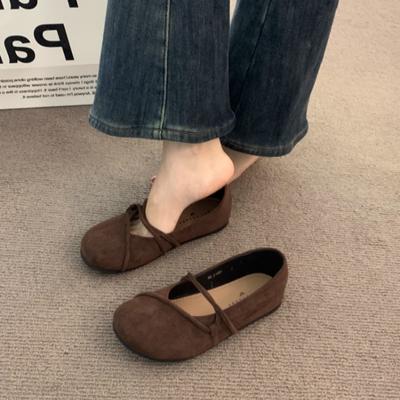 Chaussures Boken à semelles plates marron foncé pour femmes, chaussures simples rondes à bouche peu profonde, chaussures de grand-mère élégantes de style ballet d'automne 2024