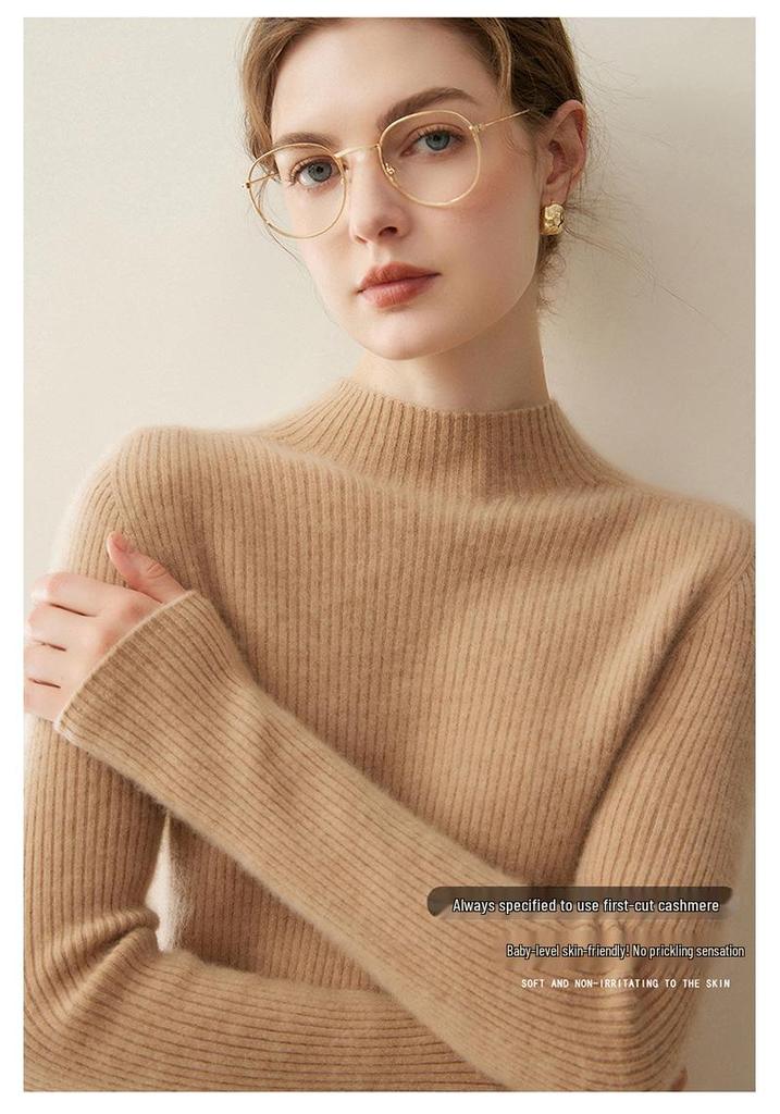 Elegant Slim Fit Women's Pure Cashmere Sweater - 2026 Autumn/Winter Half-High Neck Ribbed Base Layer