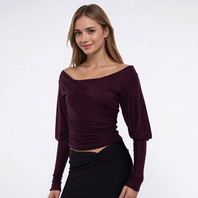 Q25TP254 Versatile Low-Neck Lantern Sleeve Ruched Short T-Shirt for Summer and Autumn