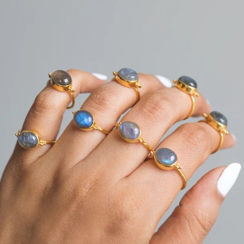 Natural Labradorite Gemstone Blue Flashy Ring, Solid 925 Sterling Silver Ring, Boho Ring, Statement Ring, Yellow Gold Ring, Bezel Ring
