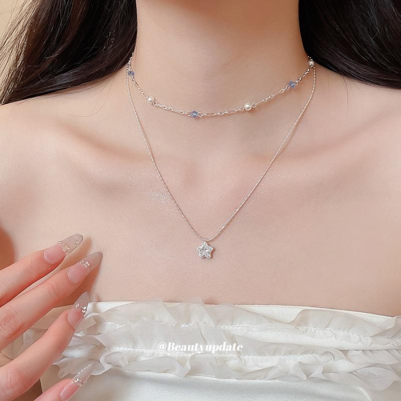 Sweet double-layer zircon star beaded necklace new niche design clavicle chain fashionable versatile neck chain