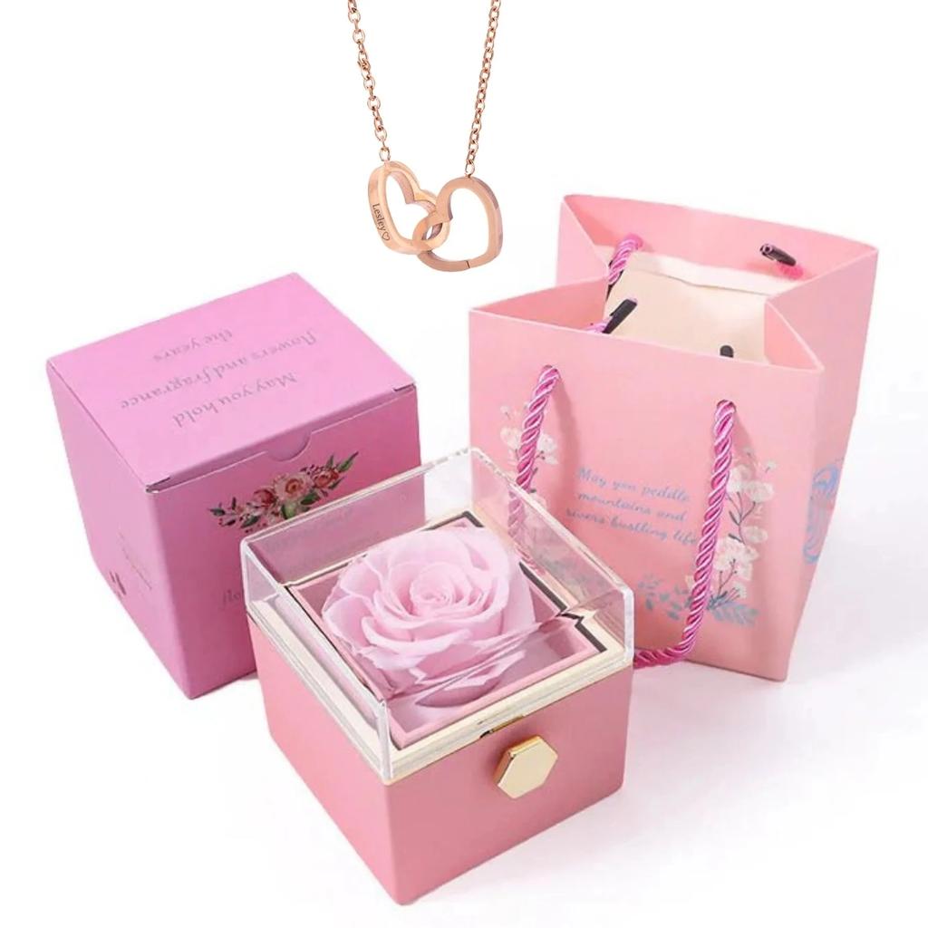 Personalized Couple's Names Heart Necklace Custom Jewelry Rotating Preserved Rose Box For Women Wife Valentine's Day Gift