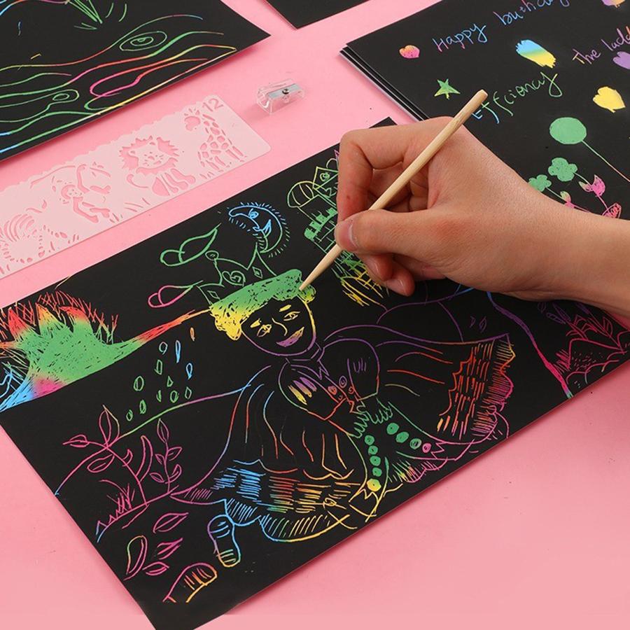 50pcs 18.5cm Scratch Painting Set with 4pcs Painting Template Ruler Imaginative DIY Painting Art Kits School Office Supplies