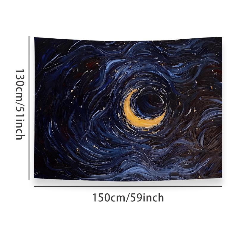 Starry Moon Tapestry, Swirling Night Sky with Crescent Moon, Abstract Cosmic Wall Hanging for Living Room Bedroom