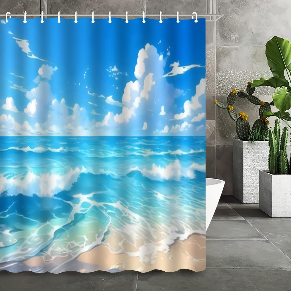 Blue Wave Pattern By The Seaside Shower Curtain Washable Dirt-Resistant Shower Head Waterproof Polyester Bath Curtain