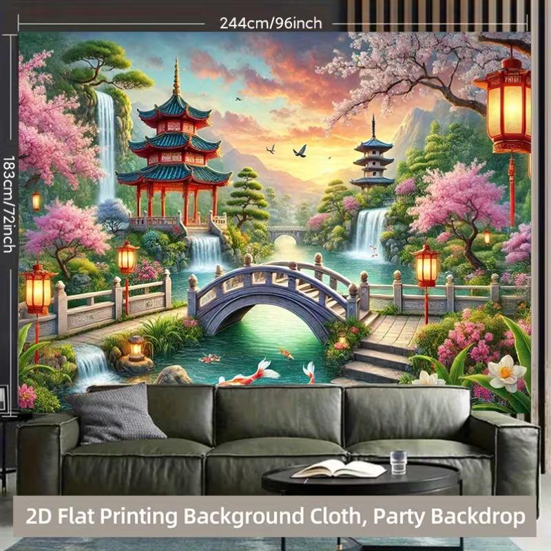 2D Vibrant Koi Fish Temple Backdrop for Studio & Party Decoration