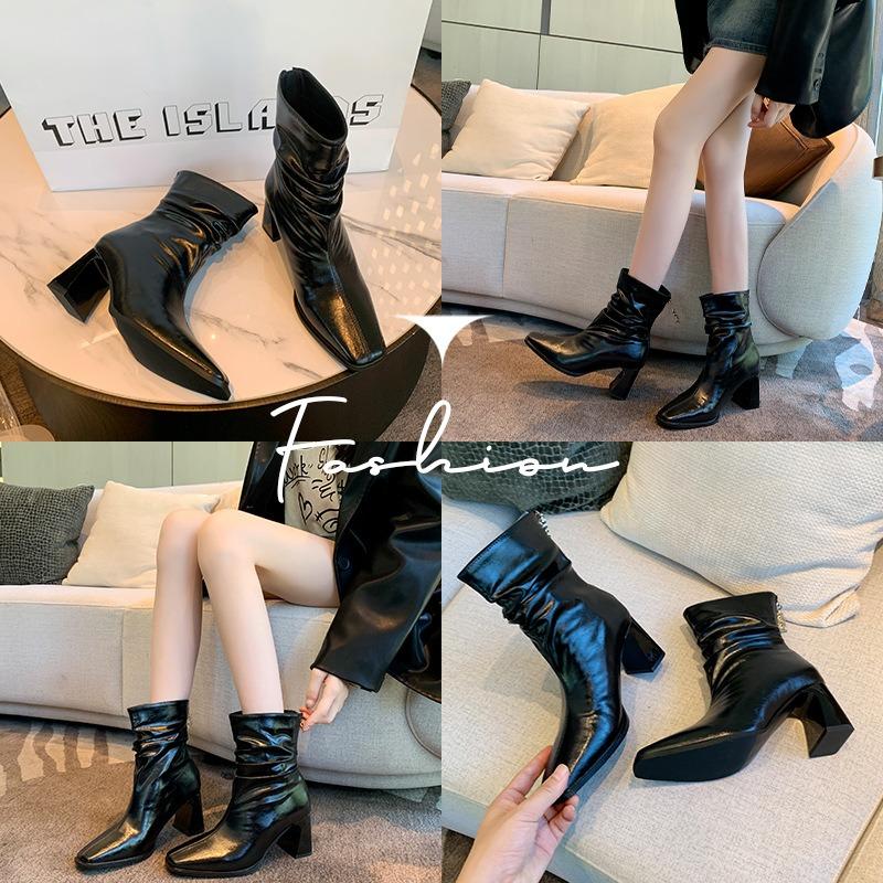 Thick legs widened large tube circumference short boots women's autumn and winter new pleated square head high heel large size women's shoes