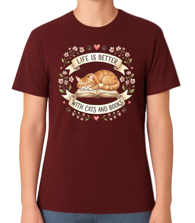 

Life Is Better With Cats and Books Unisex Graphic T-Shirt Book Lover Tee 5XL різнокольоровий