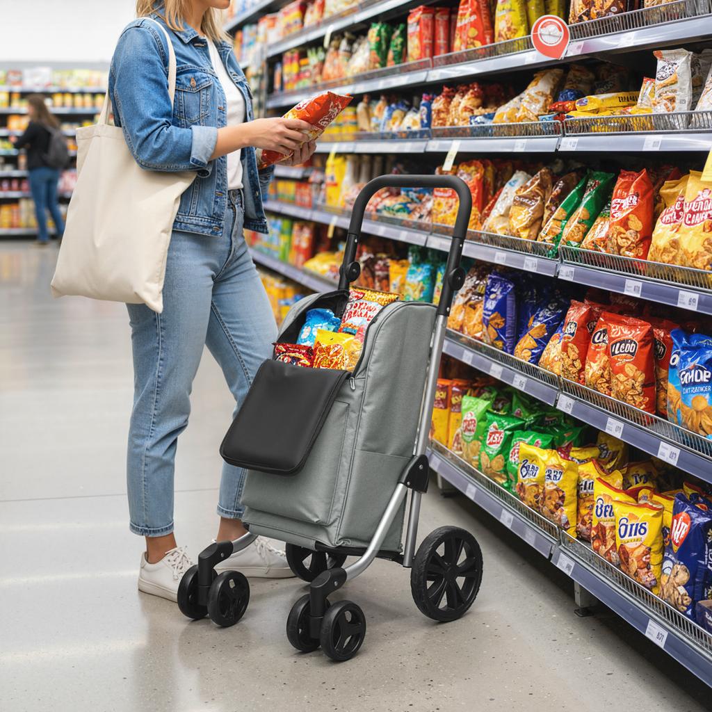 Shopping Trolley, 46 Litre Bag, Foldable Shopping Cart with Cooler Bag, Adjustable Handle, Aluminum Frame, Grey