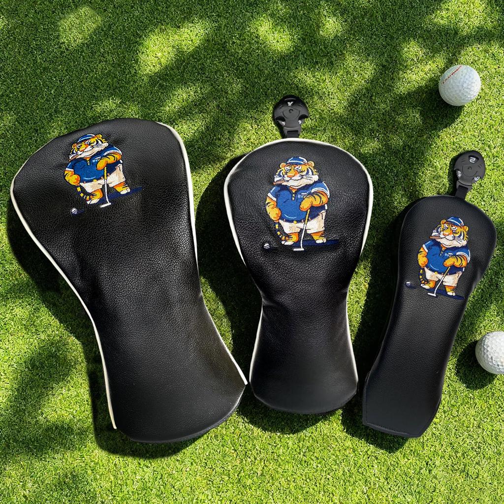 Waterproof Golf Headcovers and Utility Covers Set for Drivers (460cc, 440cc), Woods, and UTs, Tiger Character Design (Black, 4-Piece Set)