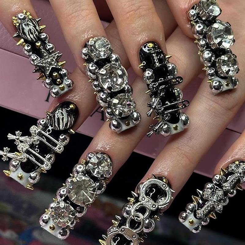 WTEMPO Nail Art Decorations Kit Punk Style Silver Star Planet Cross Designs Nail Art Decor Accessories DIY Craft Making Supplies