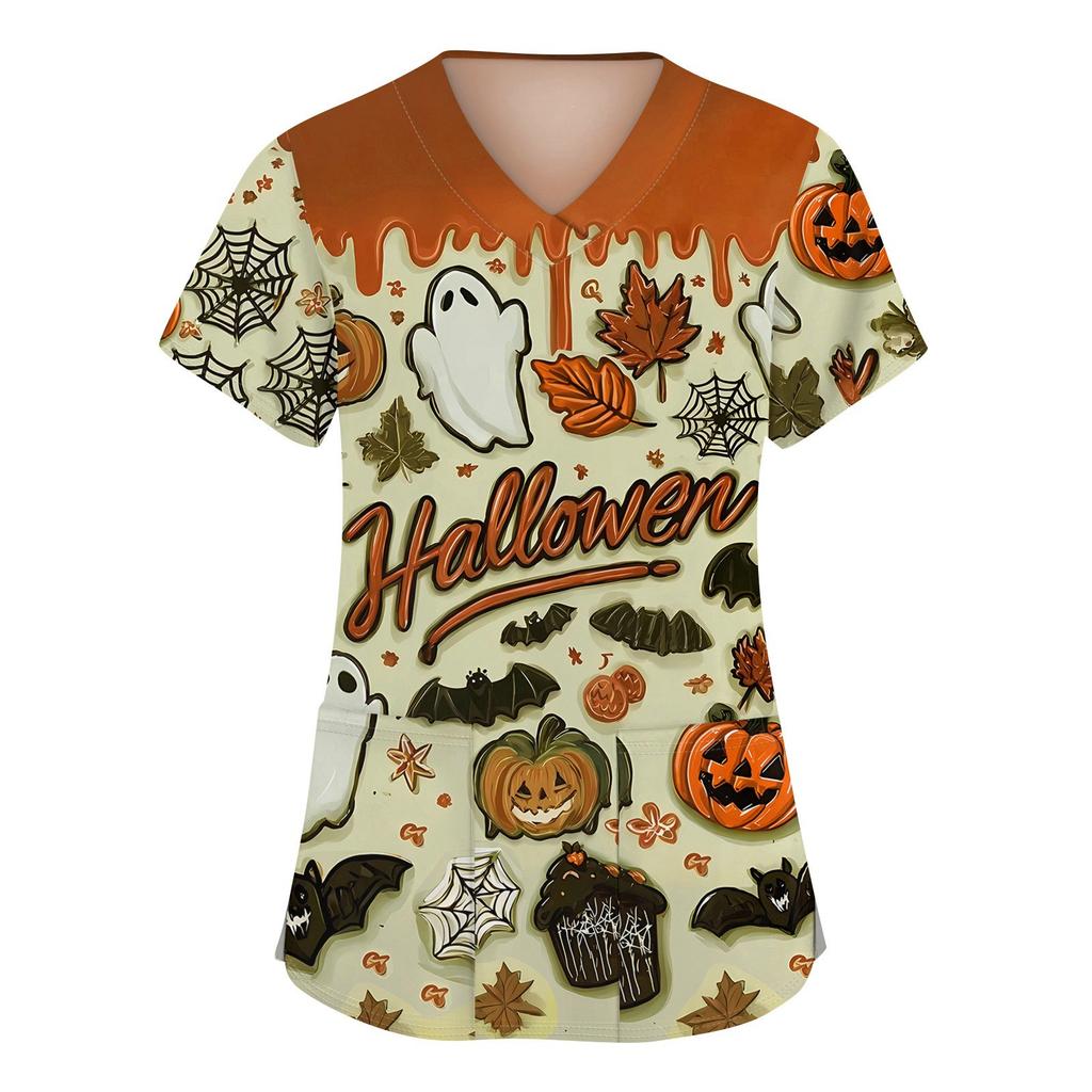 Damenmode V-Ausschnitt Kurzarm Arbeitskleidung mit Taschen Halloween bedruckte Tops