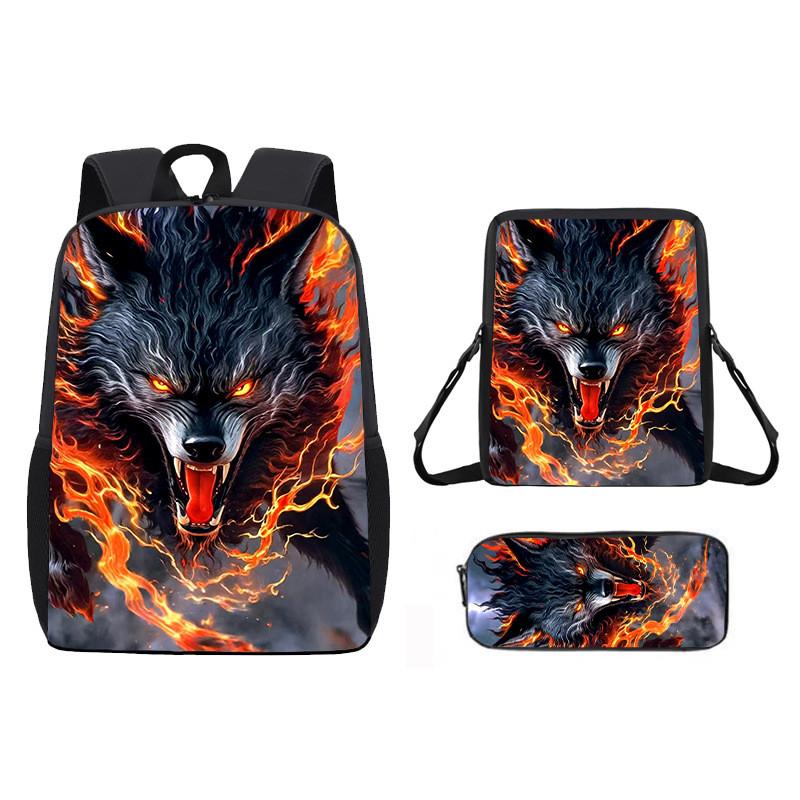 Pattern Animal Wolf Backpack Kids Shoulder Bag Pencil Case Student Use School