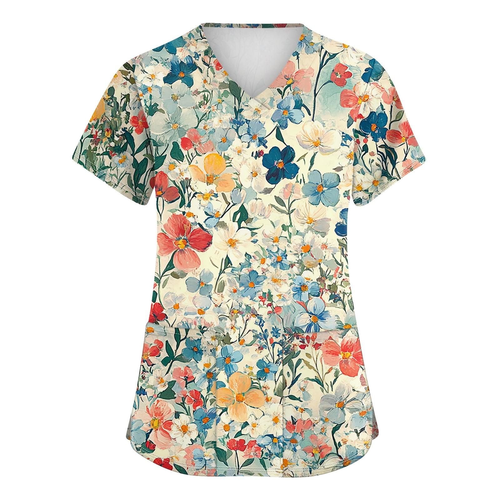 

Женская мода с v-образным вырезом, короткими рукавами и карманами, топы с принтом XXL